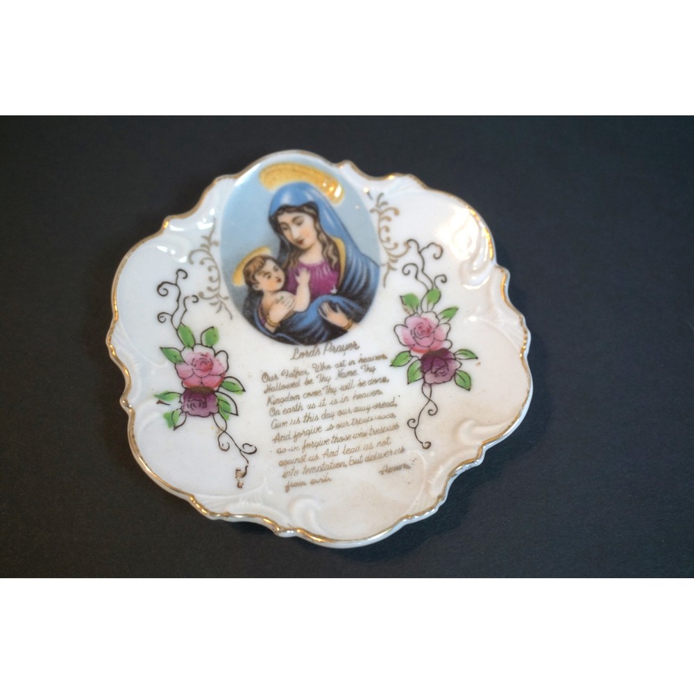 Vintage Empress Mary & Baby Jesus Lords Prayer Trinket Dish Gold Rim Porcelain